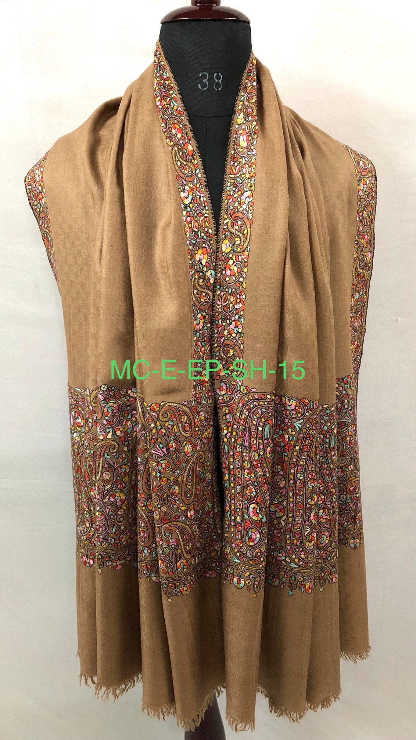 Handwoven Cashmere Pashmina Shawl: Paisley Kani Embroidery, Tobacco Brown | 100 x 200 cms