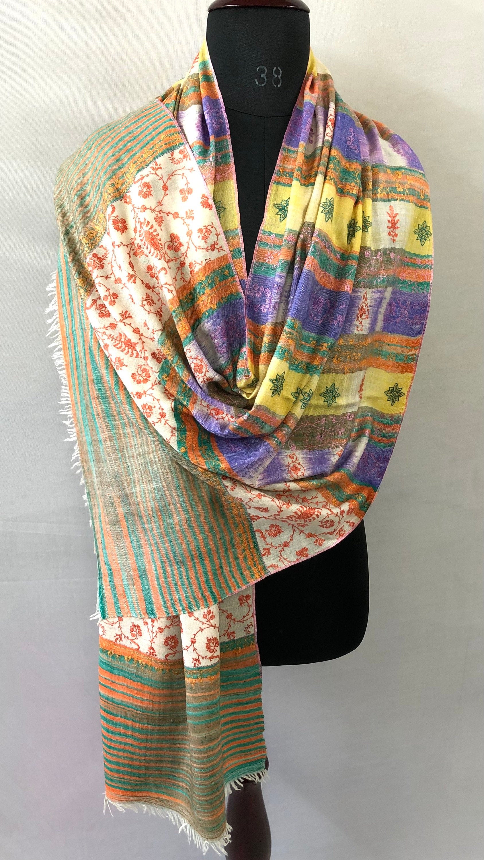 Cashmere Bluebird Ikkat Weave Modern Design Sozni Embroidery Handwoven Real Cashmere Pashmina Stole Scarf Shawl - Mehraj Crafts 