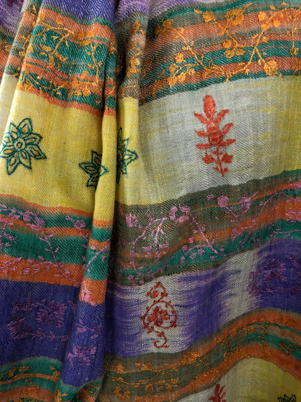 Cashmere Bluebird Ikkat Weave Modern Design Sozni Embroidery Handwoven Real Cashmere Pashmina Stole Scarf Shawl - Mehraj Crafts 