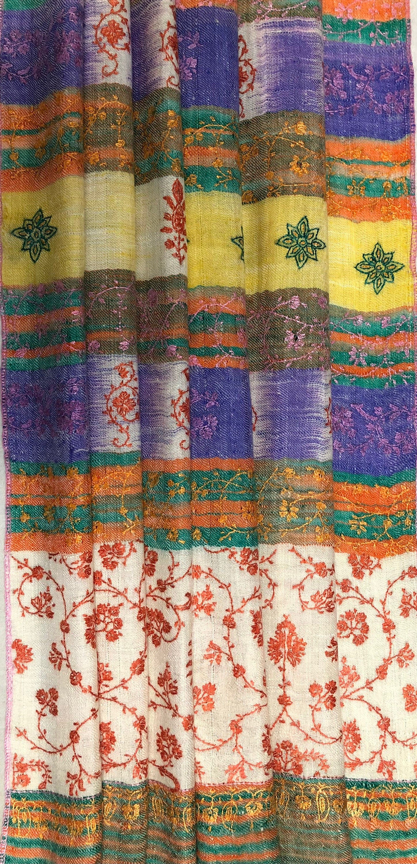 Cashmere Bluebird Ikkat Weave Modern Design Sozni Embroidery Handwoven Real Cashmere Pashmina Stole Scarf Shawl - Mehraj Crafts 