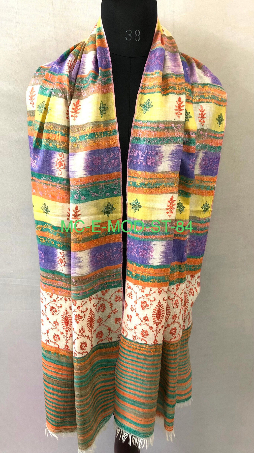 Handwoven Cashmere Pashmina Stole: Bluebird Ikkat Sozni Embroidery