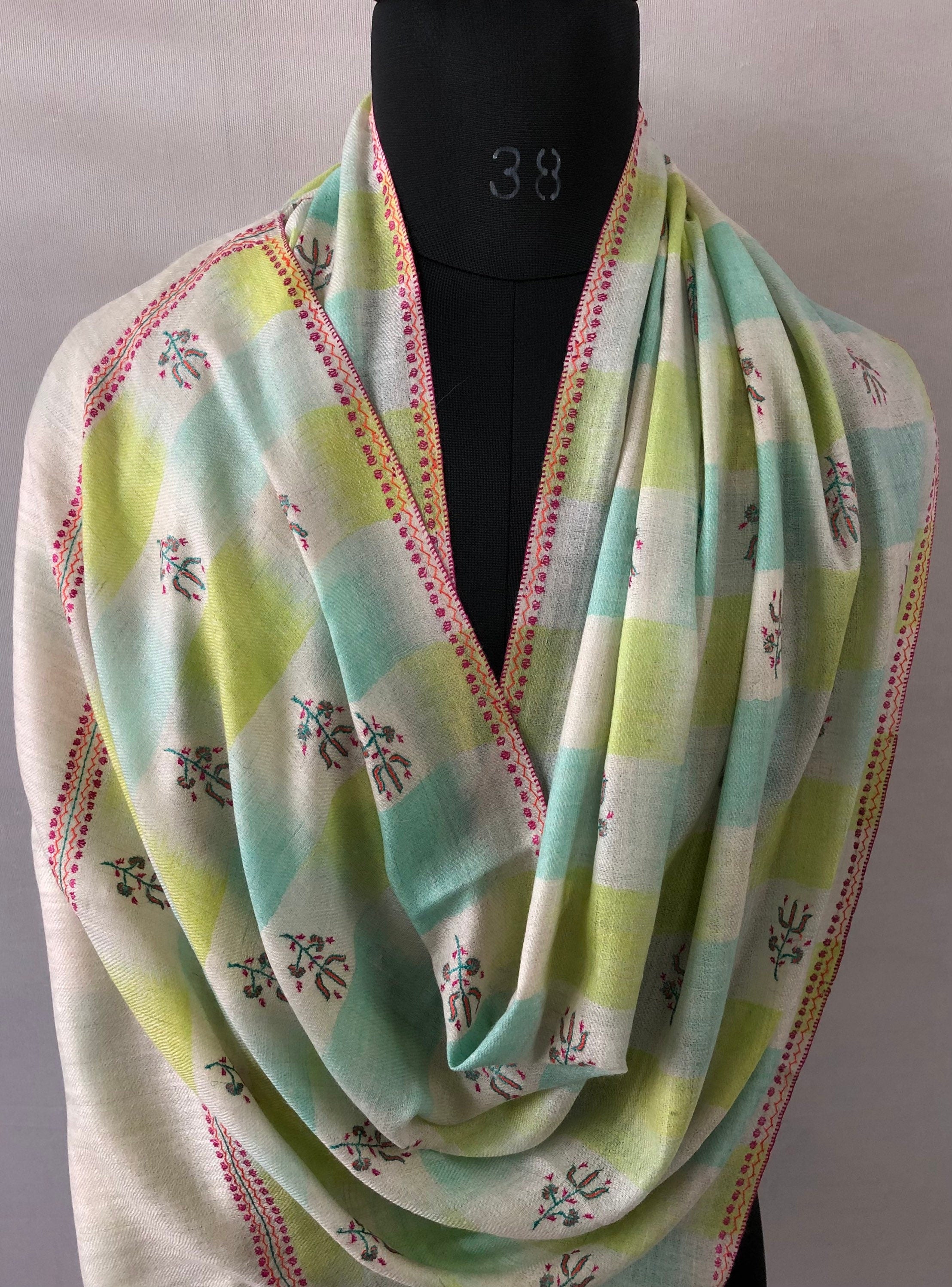 Tender Shoots Ikkat Weave Modern Design Fine Sozni Hand  Embroidery Booties Handwoven Real Cashmere Pashmina Stole Scarf Shawl