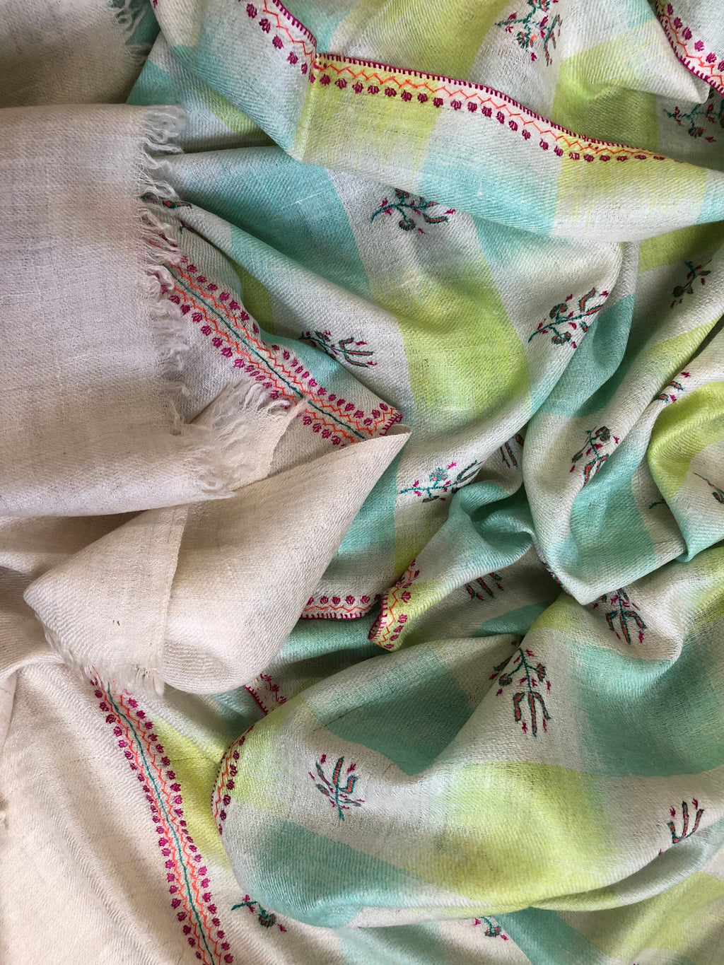 Tender Shoots Ikkat Weave Modern Design Fine Sozni Hand  Embroidery Booties Handwoven Real Cashmere Pashmina Stole Scarf Shawl