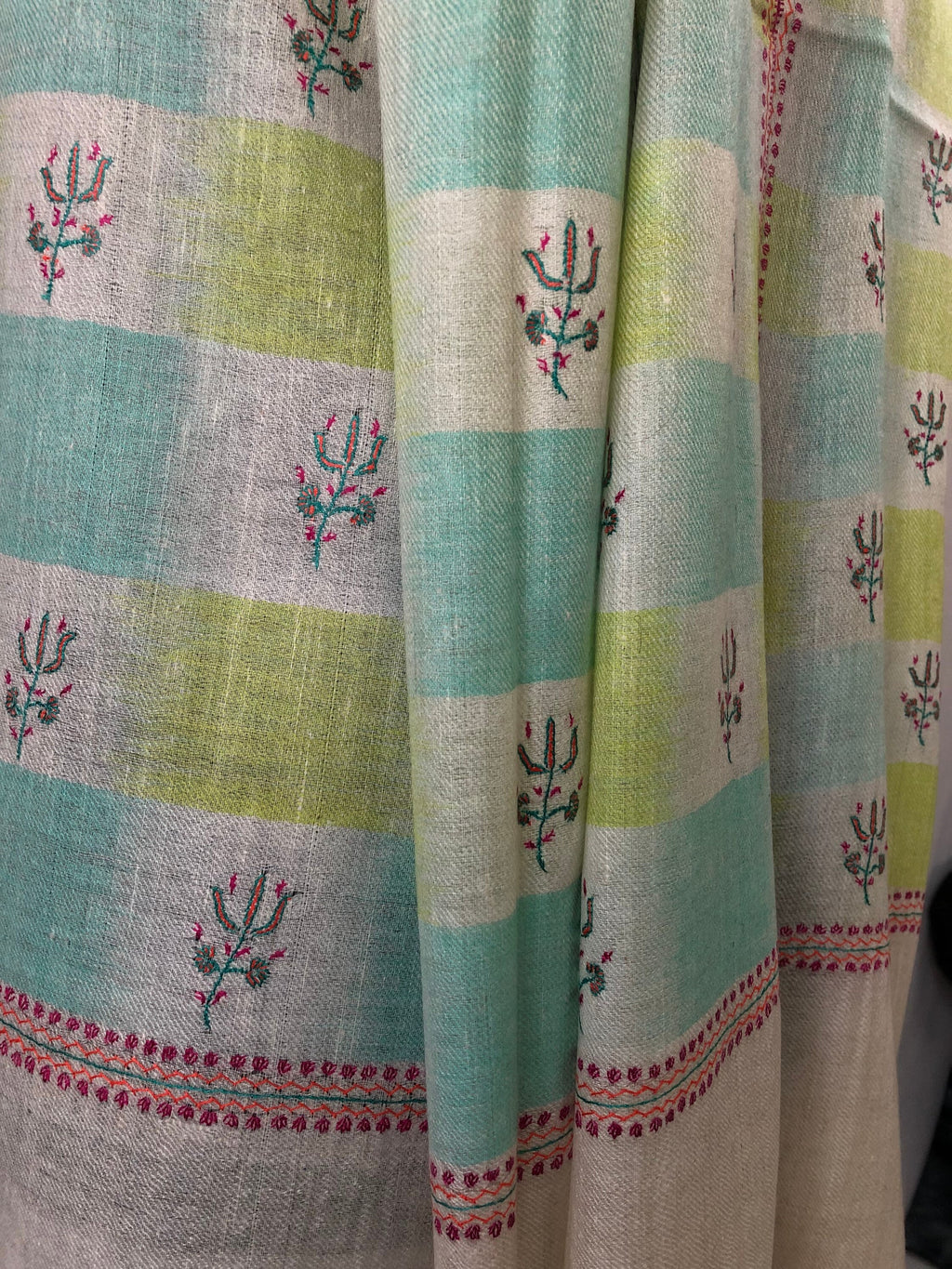 Tender Shoots Ikkat Weave Modern Design Fine Sozni Hand  Embroidery Booties Handwoven Real Cashmere Pashmina Stole Scarf Shawl