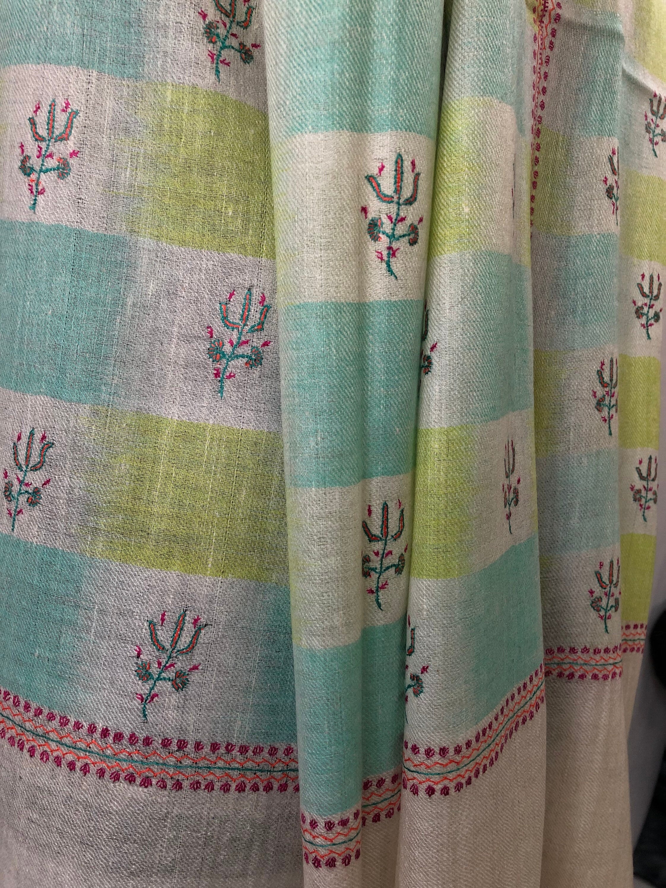 Tender Shoots Ikkat Weave Modern Design Fine Sozni Hand  Embroidery Booties Handwoven Real Cashmere Pashmina Stole Scarf Shawl