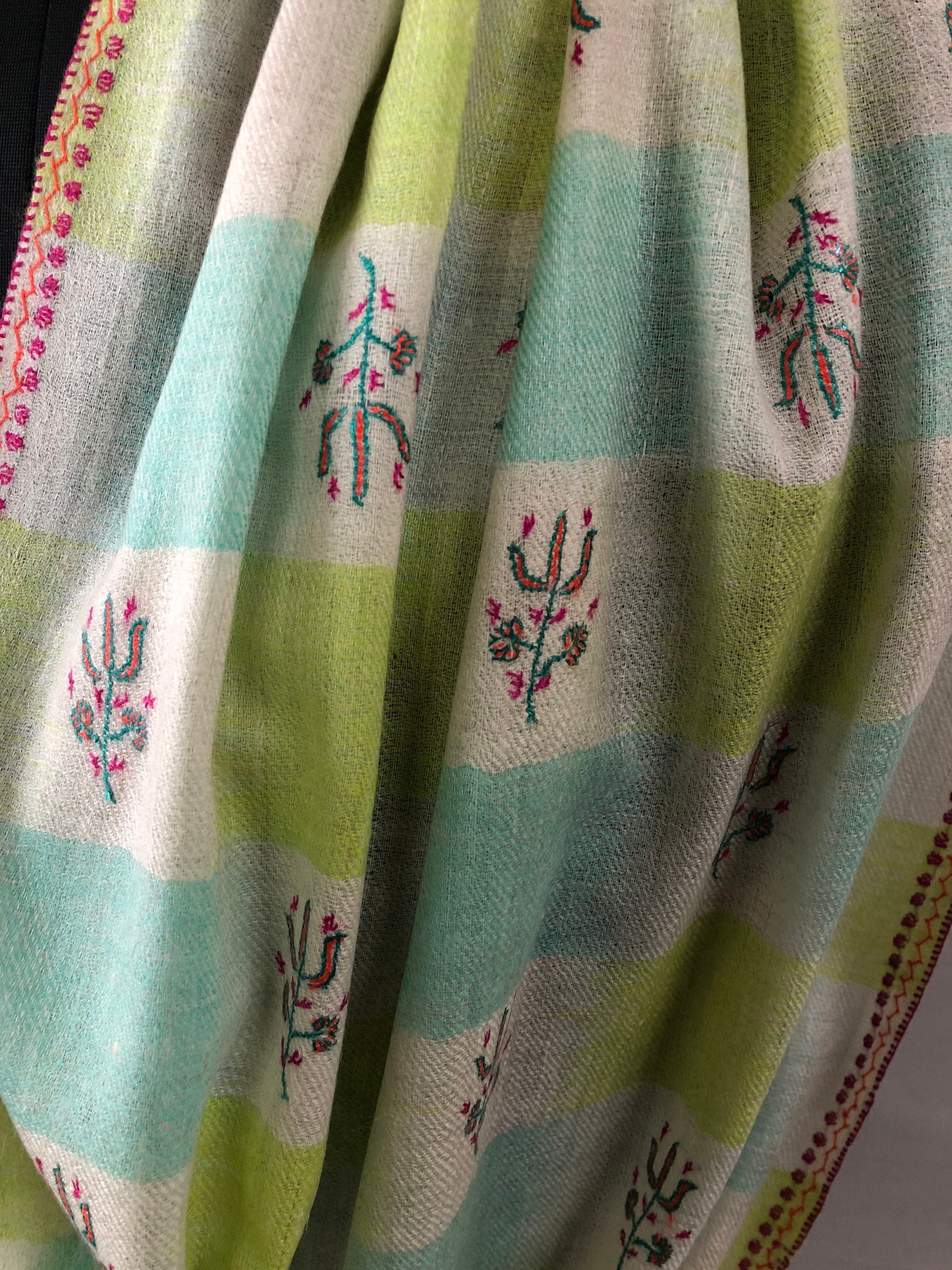 Tender Shoots Ikkat Weave Modern Design Fine Sozni Hand  Embroidery Booties Handwoven Real Cashmere Pashmina Stole Scarf Shawl