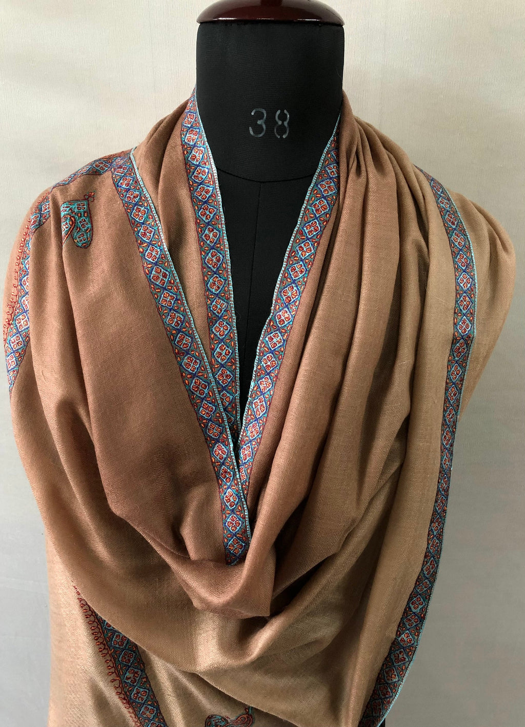 teacher gift Café au Lait Ombré Sozni Hand Embroidered Border Handwoven Real Cashmere Pashmina Stole Scarf Shawl - Mehraj Crafts 