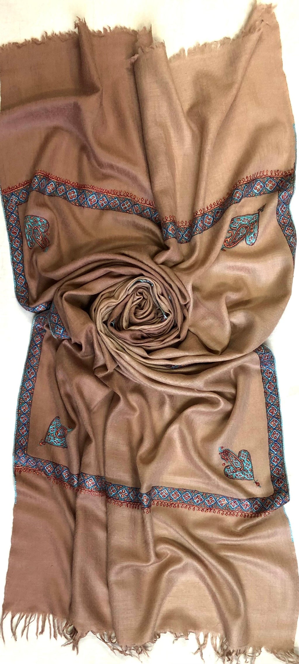 teacher gift Café au Lait Ombré Sozni Hand Embroidered Border Handwoven Real Cashmere Pashmina Stole Scarf Shawl - Mehraj Crafts 