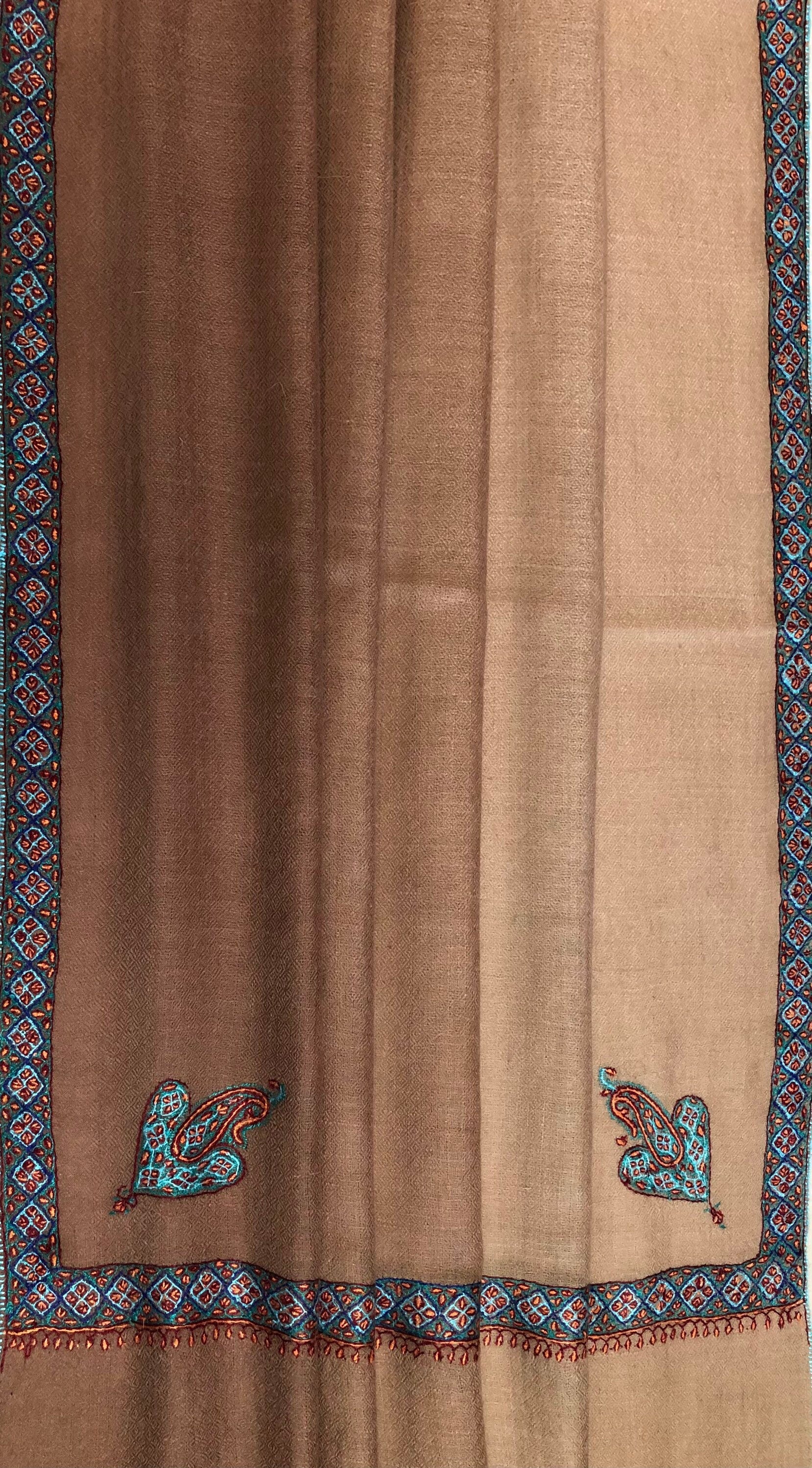 teacher gift Café au Lait Ombré Sozni Hand Embroidered Border Handwoven Real Cashmere Pashmina Stole Scarf Shawl - Mehraj Crafts 