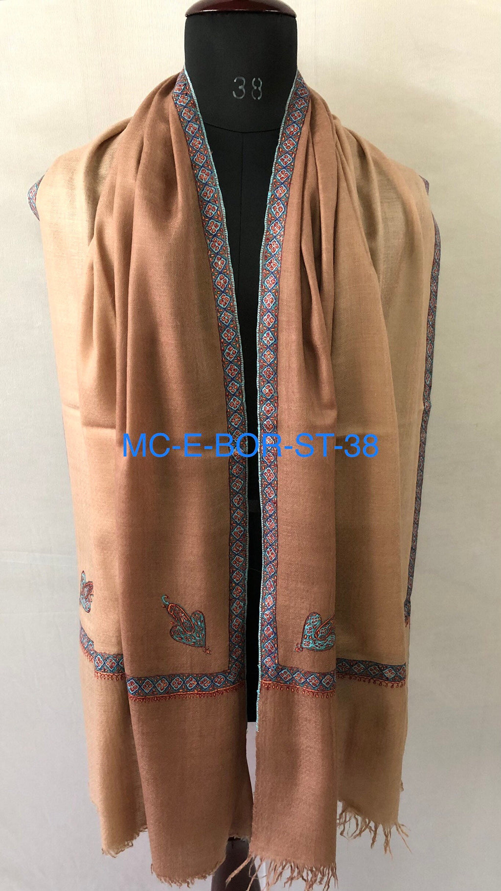 teacher gift Café au Lait Ombré Sozni Hand Embroidered Border Handwoven Real Cashmere Pashmina Stole Scarf Shawl - Mehraj Crafts 
