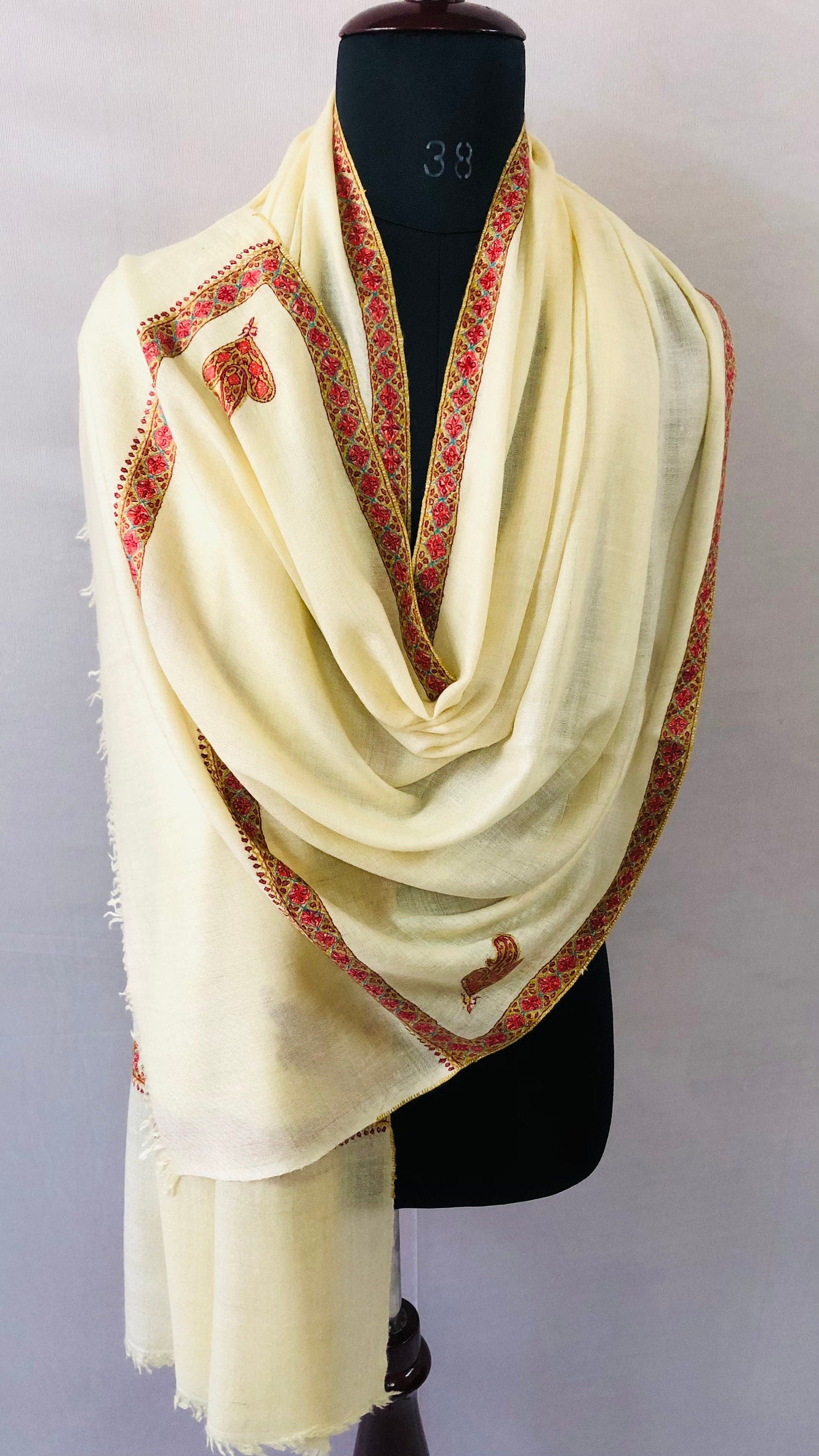 teacher gift French Vanilla Sozni Hand Embroidered Border Handwoven Real Cashmere Pashmina Stole Scarf Shawl - Mehraj Crafts 
