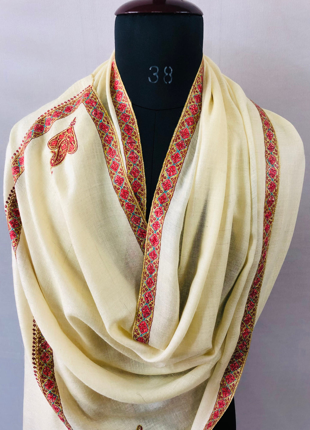 teacher gift French Vanilla Sozni Hand Embroidered Border Handwoven Real Cashmere Pashmina Stole Scarf Shawl - Mehraj Crafts 