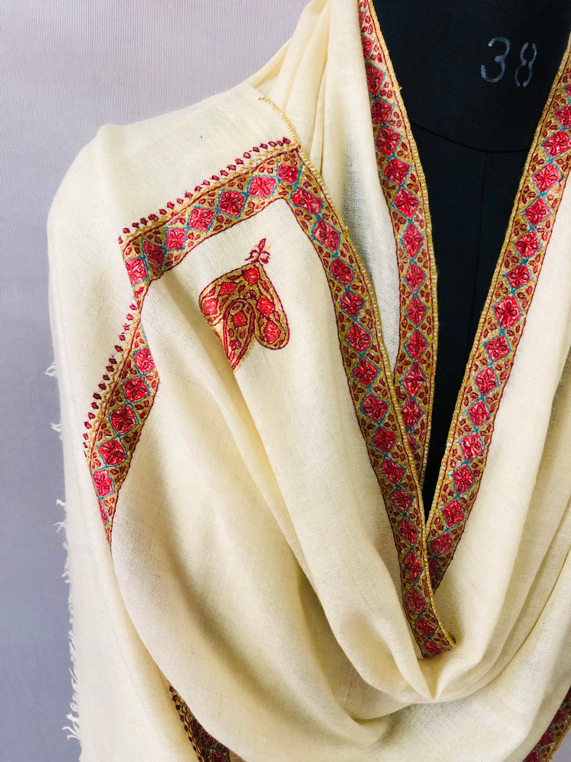 teacher gift French Vanilla Sozni Hand Embroidered Border Handwoven Real Cashmere Pashmina Stole Scarf Shawl - Mehraj Crafts 