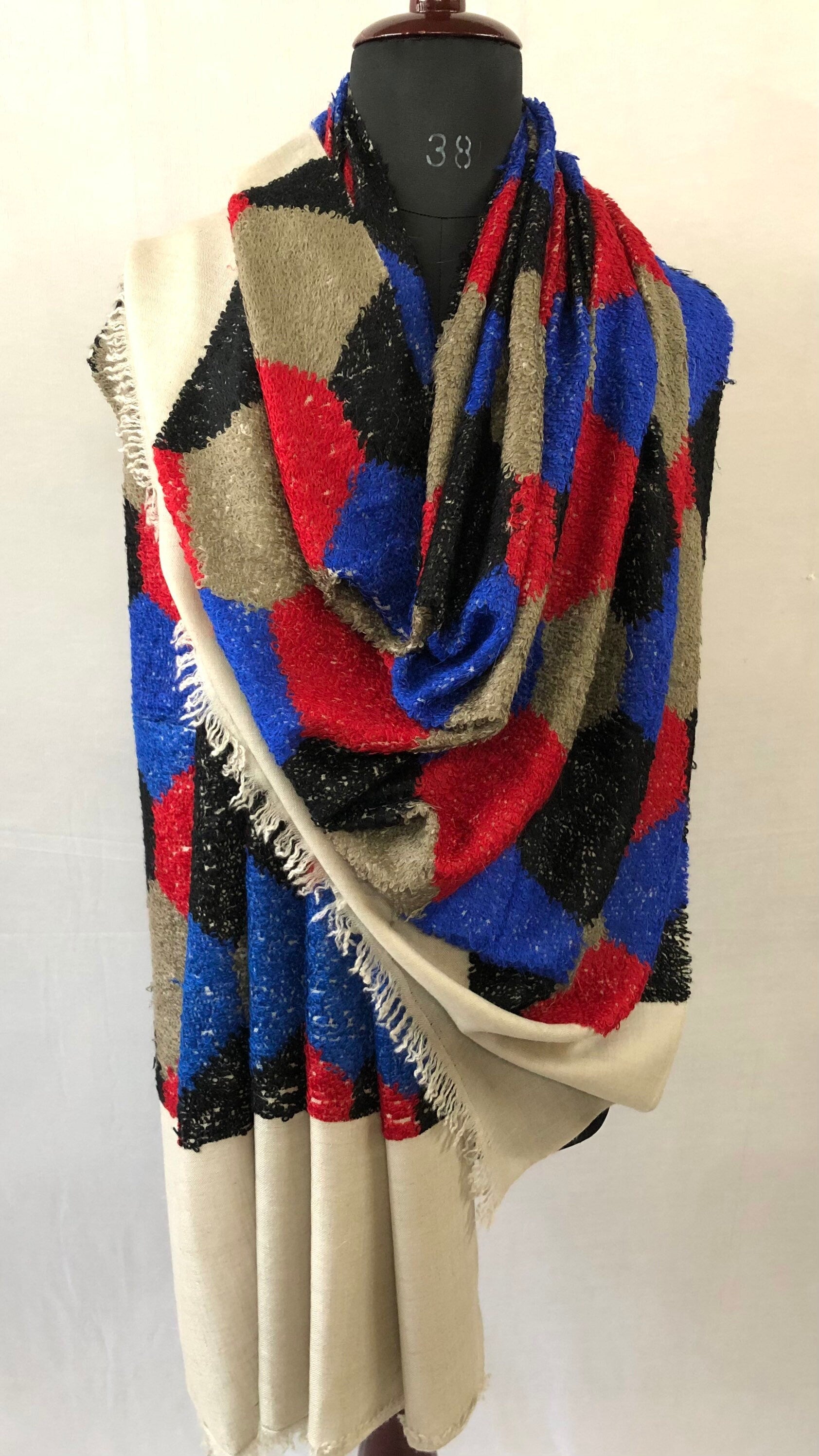 Handmade Simple Hexagon Geometric Design Handwoven Towel Weave Real Ladakhi Cashmere Pashmina Wrap Shawl - Mehraj Crafts 