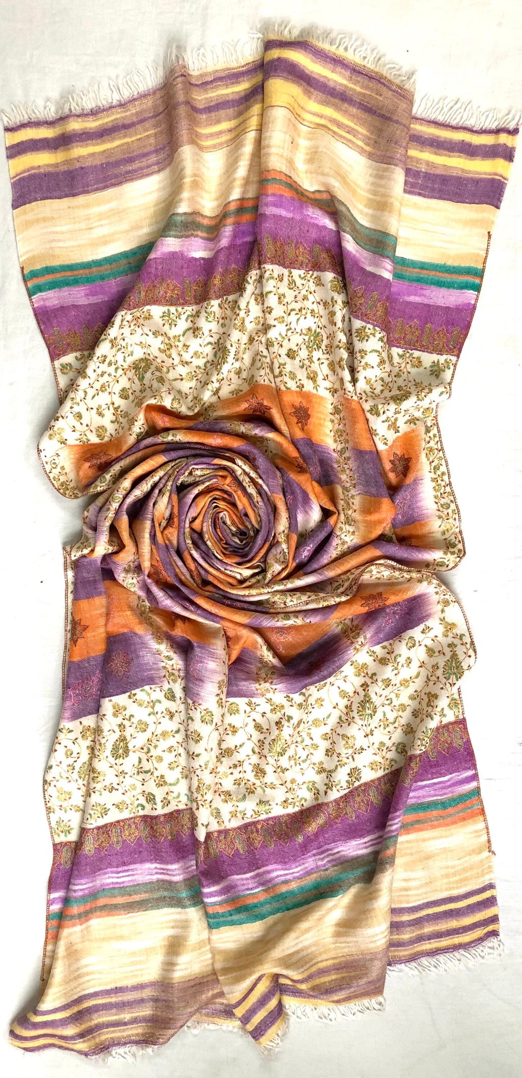 Handcrafted Cashmere Pashmina Stole: Honey Peach Ikkat Sozni Embroidery