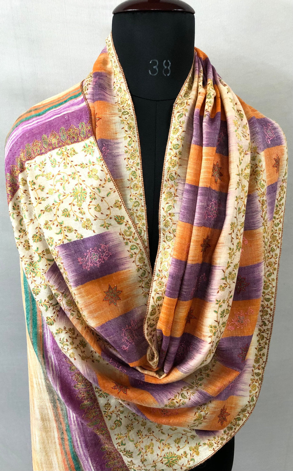 Handcrafted Cashmere Pashmina Stole: Honey Peach Ikkat Sozni Embroidery