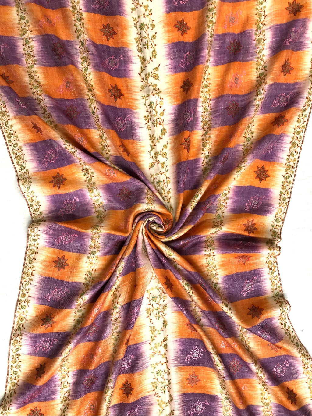 Handcrafted Cashmere Pashmina Stole: Honey Peach Ikkat Sozni Embroidery