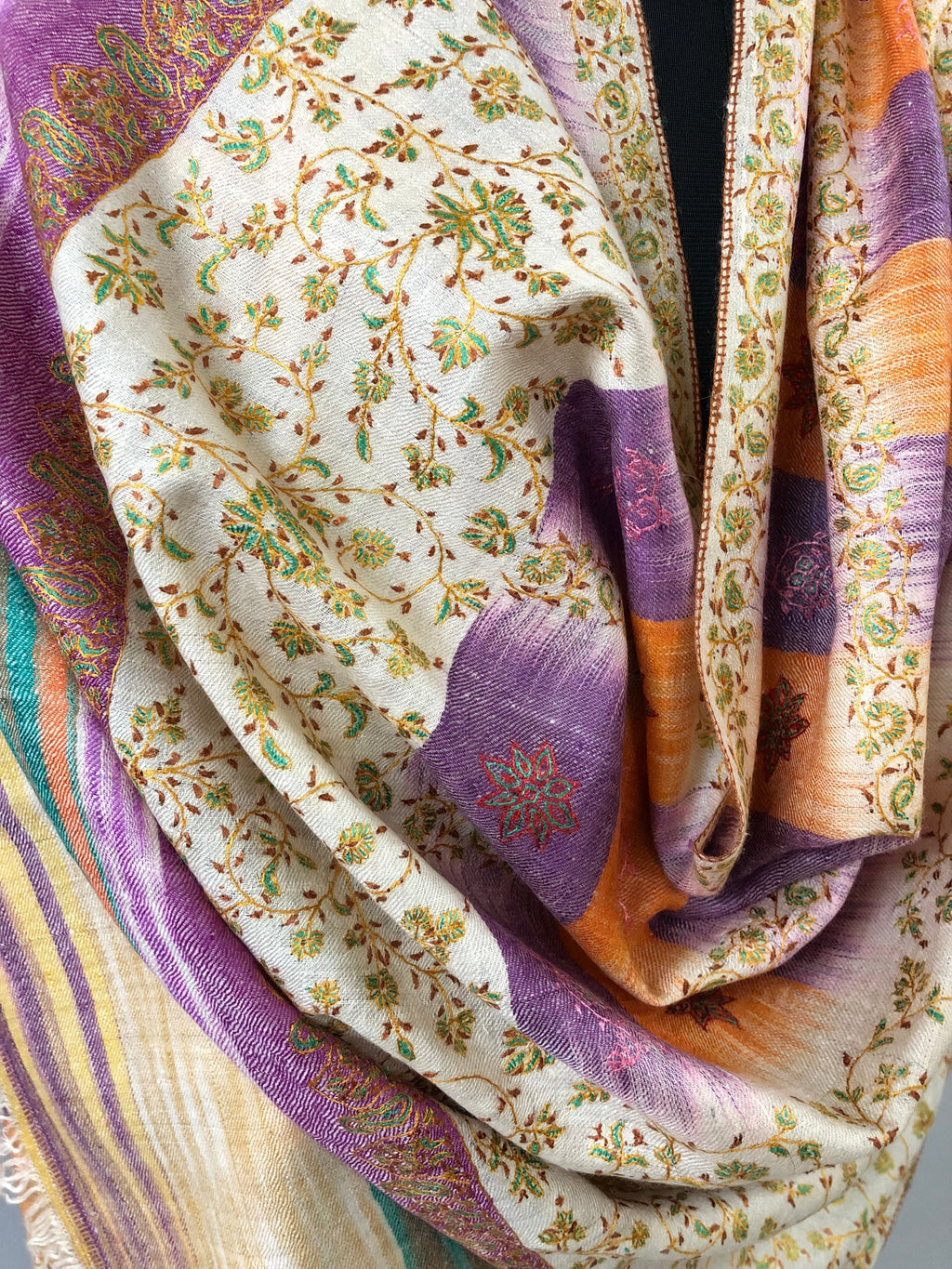 Handcrafted Cashmere Pashmina Stole: Honey Peach Ikkat Sozni Embroidery