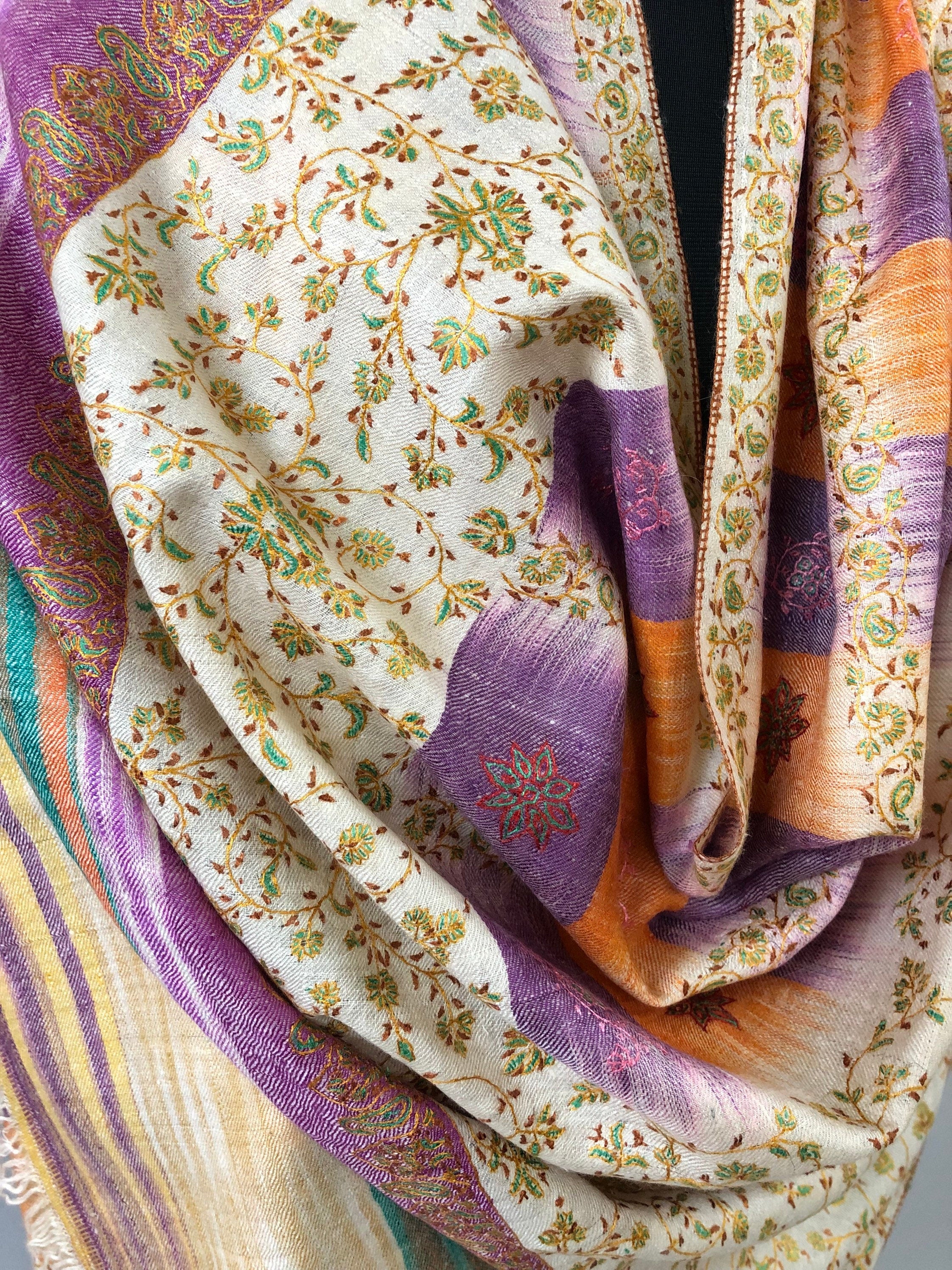 Boxing day Honey Peach Ikkat Weave Modern Design Sozni Embroidery Handcrafted Real Cashmere Pashmina Stole Scarf Shawl - Mehraj Crafts 