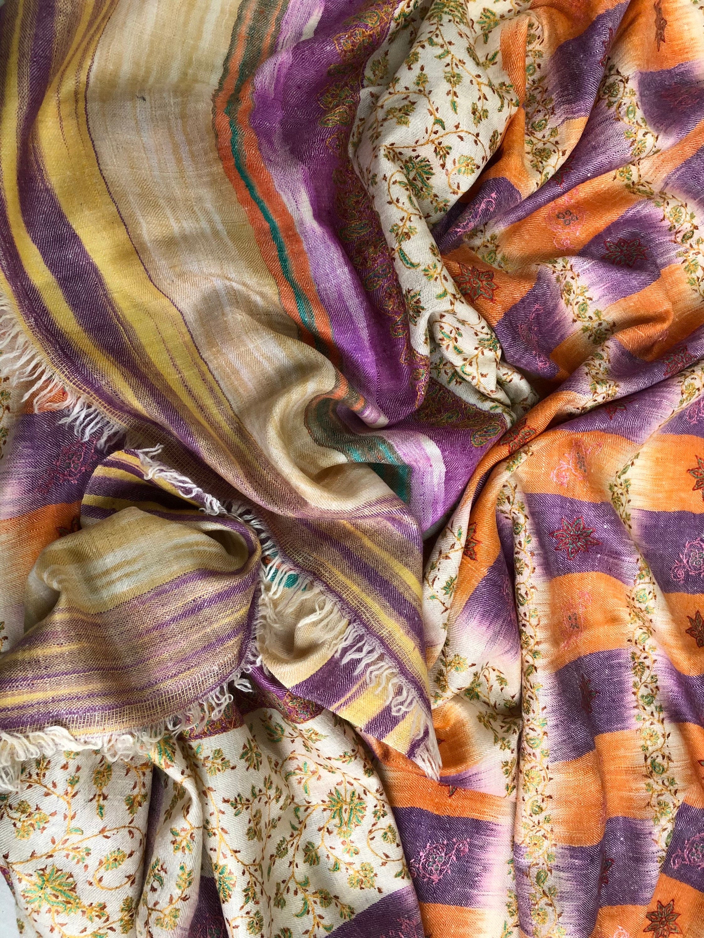 Boxing day Honey Peach Ikkat Weave Modern Design Sozni Embroidery Handcrafted Real Cashmere Pashmina Stole Scarf Shawl - Mehraj Crafts 