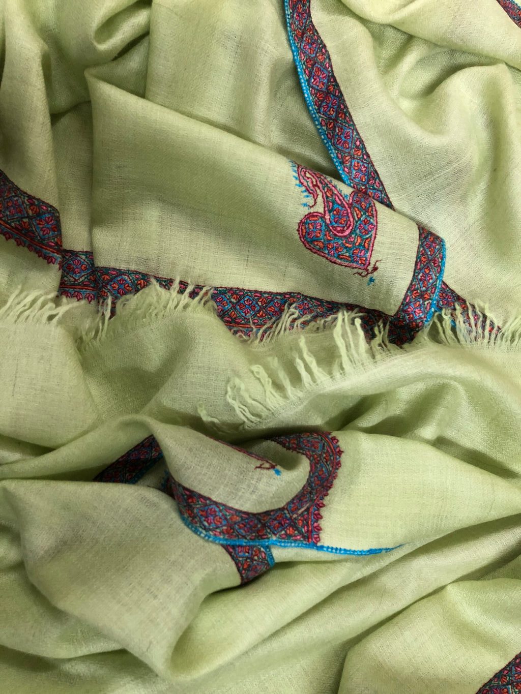 Cashmere Scarf Lime Cream Sozni Hand Embroidered Border Handwoven Real Cashmere Pashmina Stole Scarf Shawl - Mehraj Crafts 