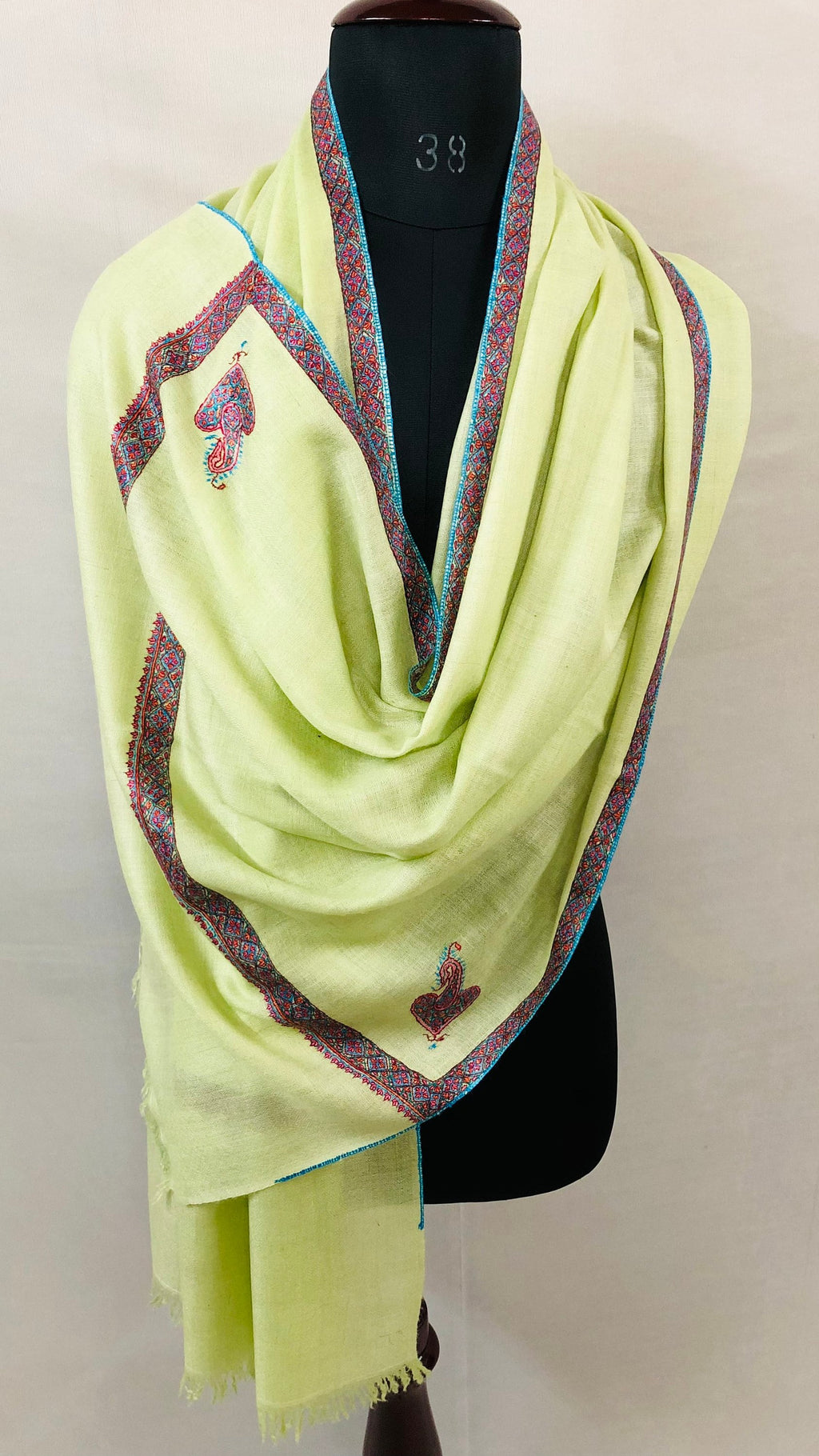 Cashmere Scarf Lime Cream Sozni Hand Embroidered Border Handwoven Real Cashmere Pashmina Stole Scarf Shawl - Mehraj Crafts 