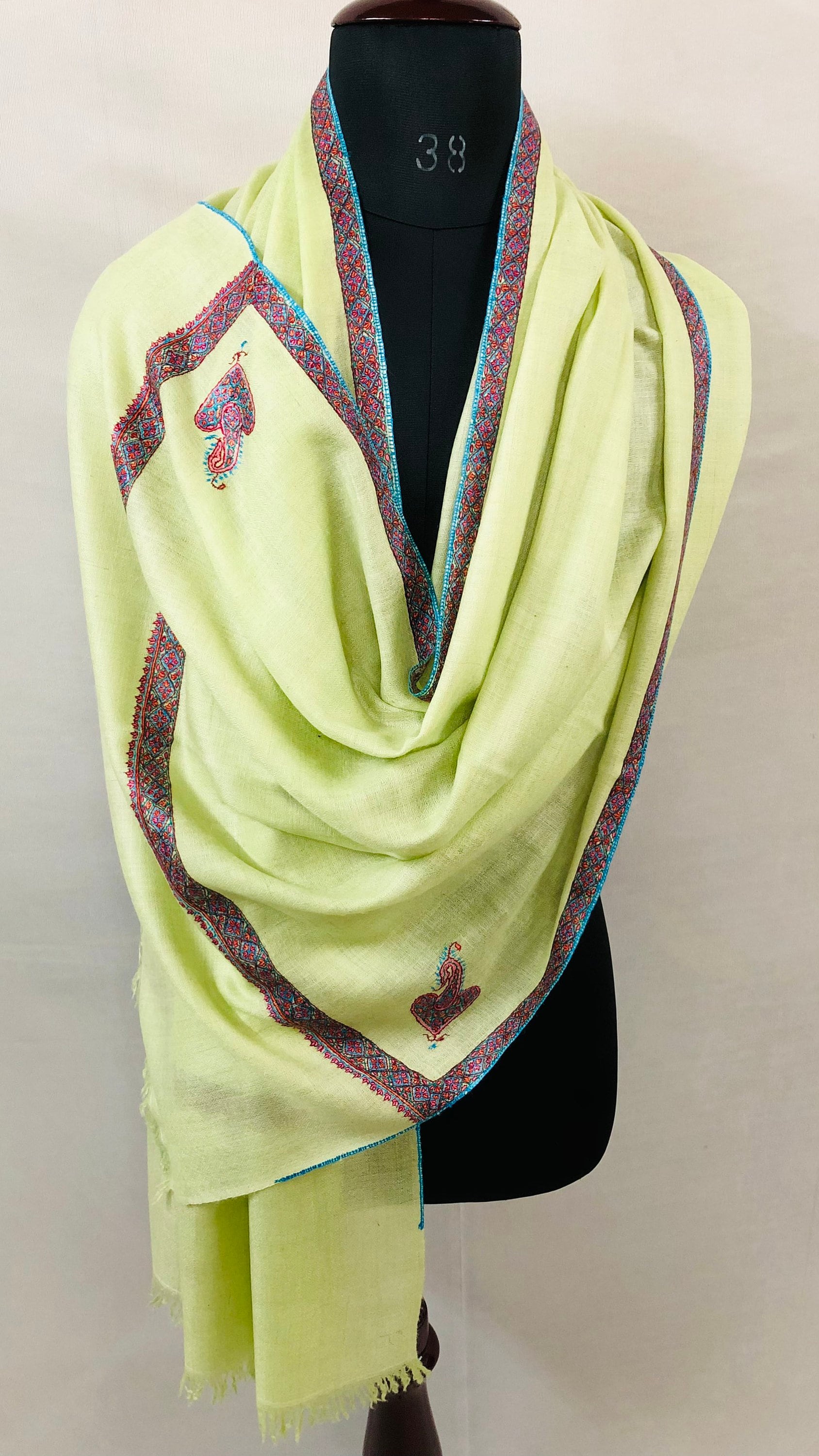 Cashmere Scarf Lime Cream Sozni Hand Embroidered Border Handwoven Real Cashmere Pashmina Stole Scarf Shawl - Mehraj Crafts 