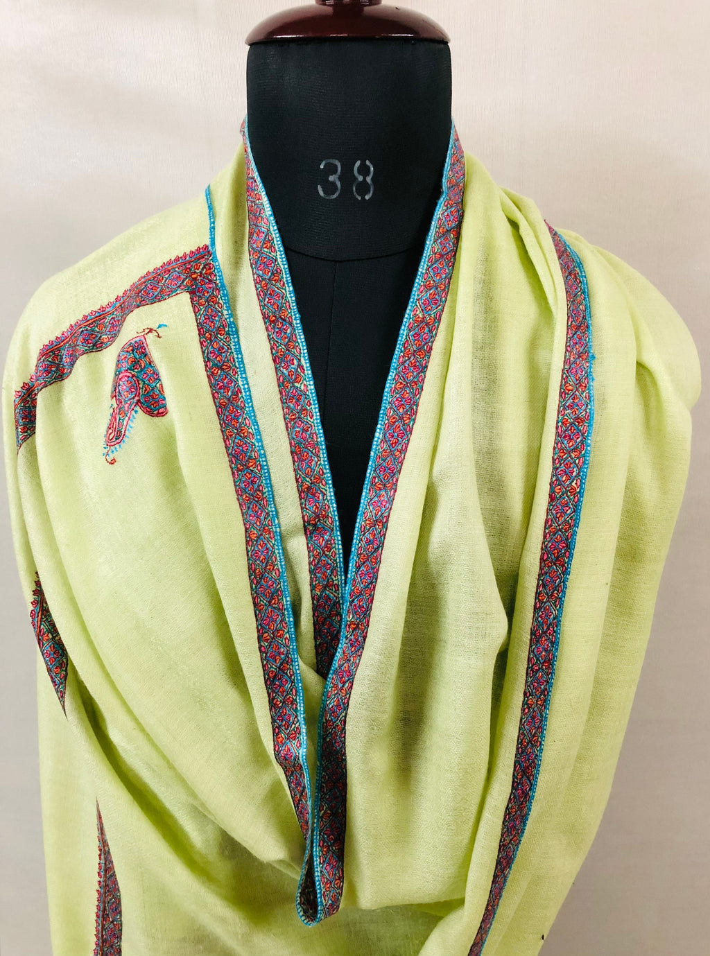 Cashmere Scarf Lime Cream Sozni Hand Embroidered Border Handwoven Real Cashmere Pashmina Stole Scarf Shawl - Mehraj Crafts 