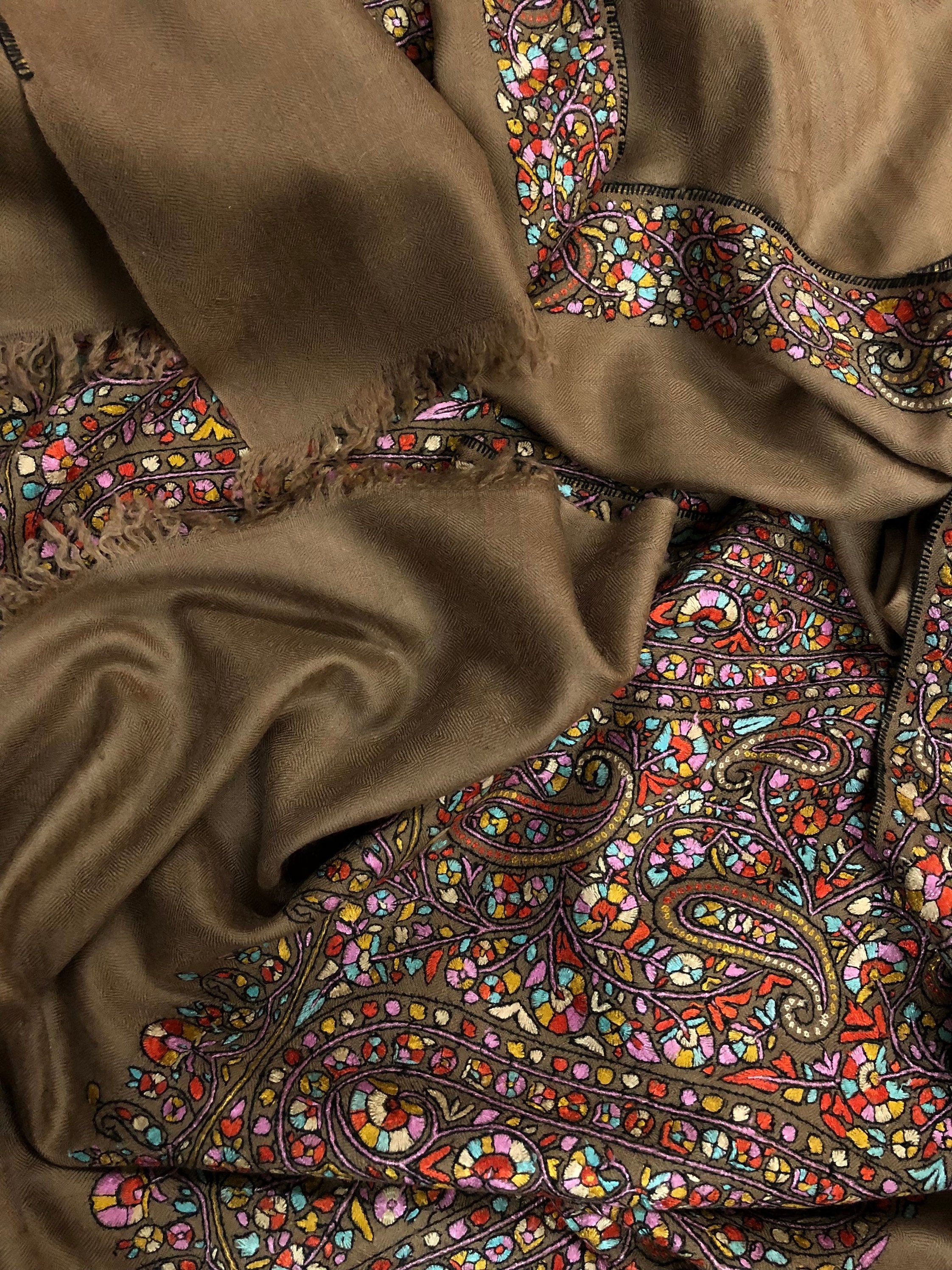 Exclusive Luxury Paisley Kani Kar Hand Embroidery Palla Tobacco Brown Handwoven Real Cashmere Pashmina Shawl - Mehraj Crafts 