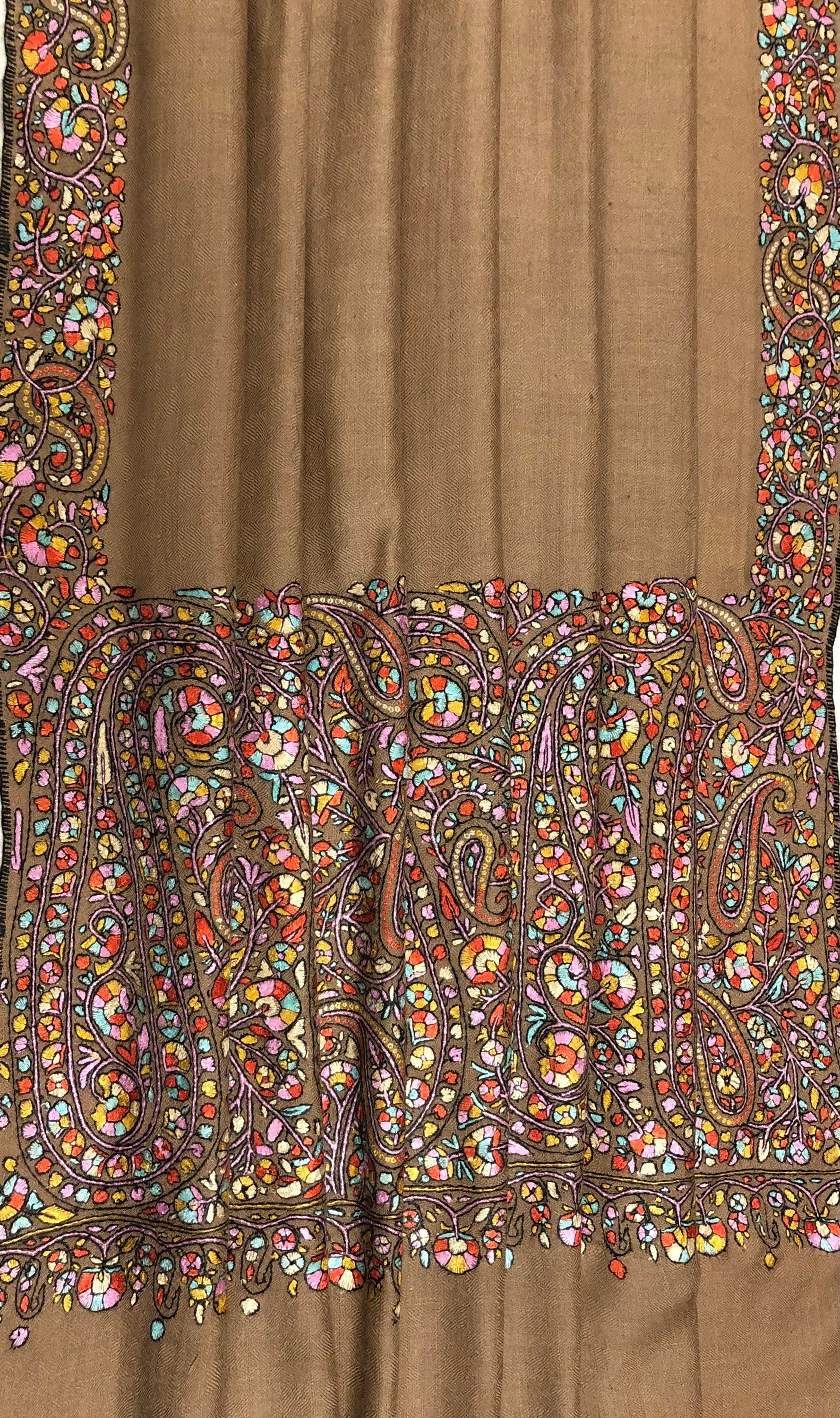 Exclusive Luxury Paisley Kani Kar Hand Embroidery Palla Tobacco Brown Handwoven Real Cashmere Pashmina Shawl - Mehraj Crafts 