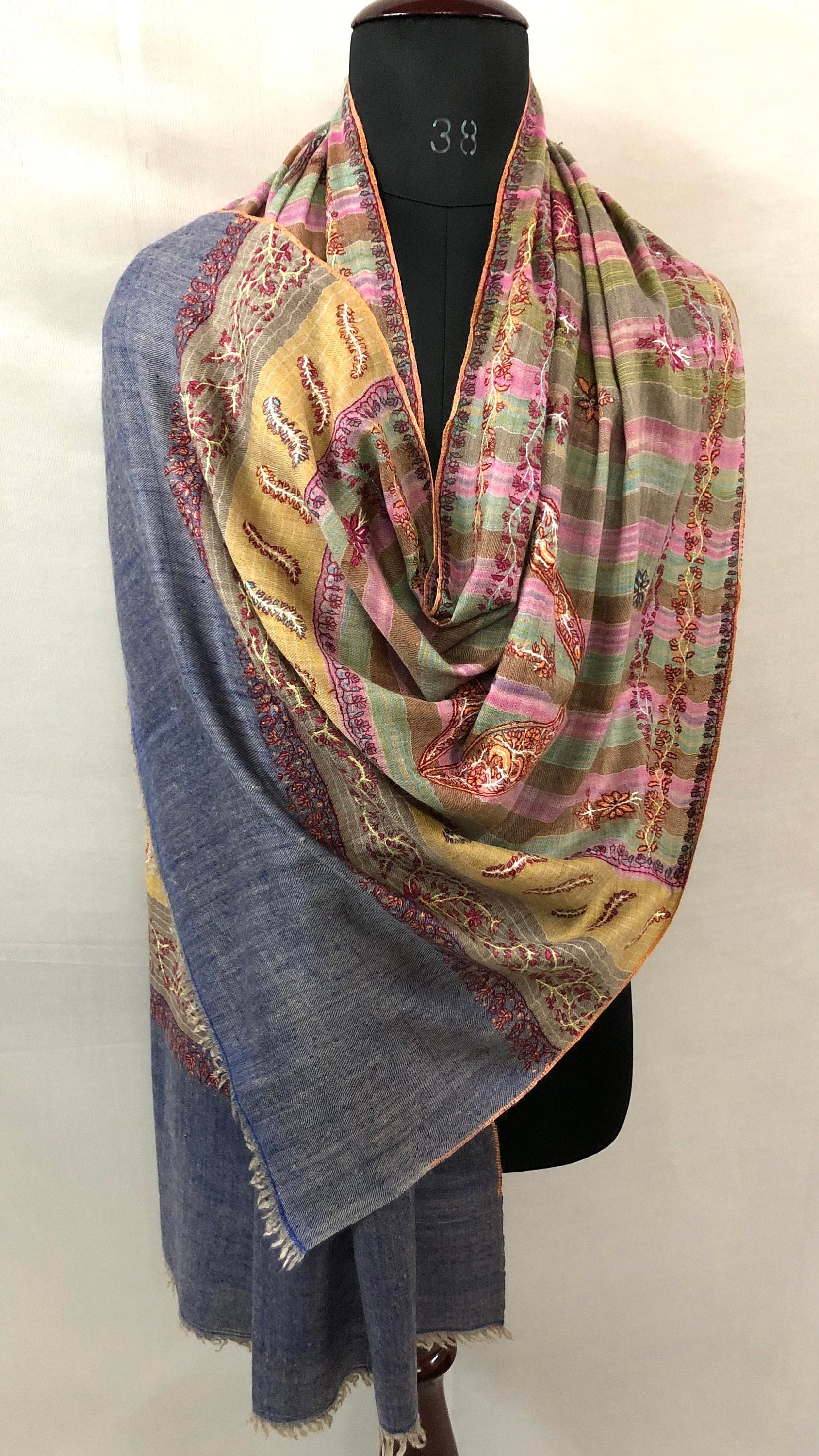 Cashmere Rose Magical Multicoloured Stripes Modern Design Sozni Embroidery Handwoven Real Cashmere Pashmina Stole Scarf Shawl - Mehraj Crafts 