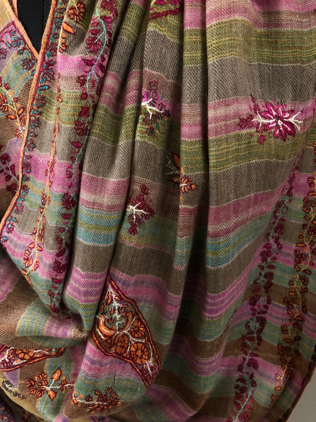 Cashmere Rose Magical Multicoloured Stripes Modern Design Sozni Embroidery Handwoven Real Cashmere Pashmina Stole Scarf Shawl - Mehraj Crafts 