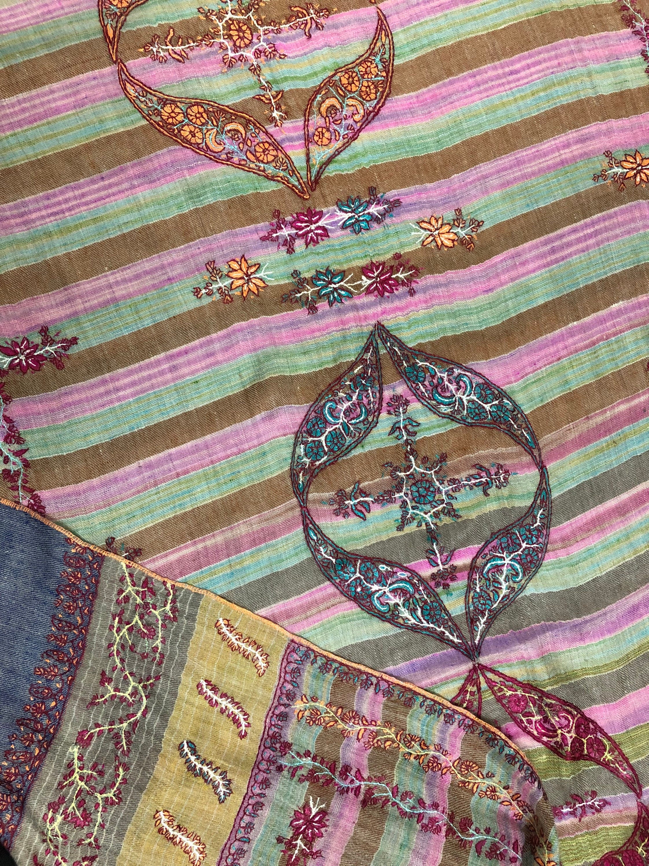 Cashmere Rose Magical Multicoloured Stripes Modern Design Sozni Embroidery Handwoven Real Cashmere Pashmina Stole Scarf Shawl - Mehraj Crafts 