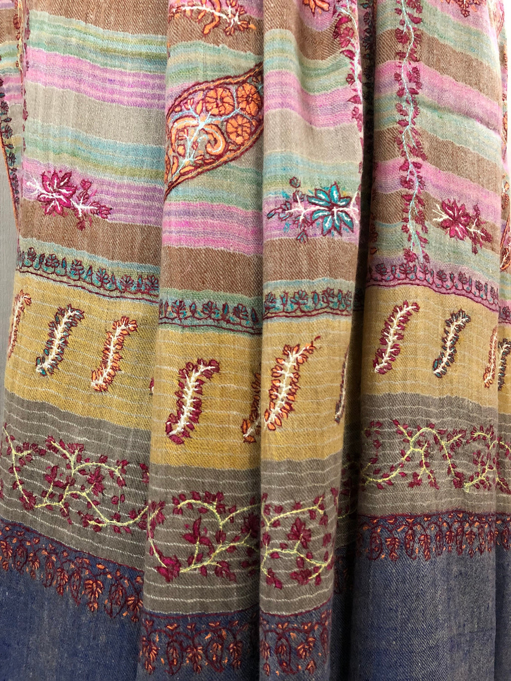 Cashmere Rose Magical Multicoloured Stripes Modern Design Sozni Embroidery Handwoven Real Cashmere Pashmina Stole Scarf Shawl - Mehraj Crafts 