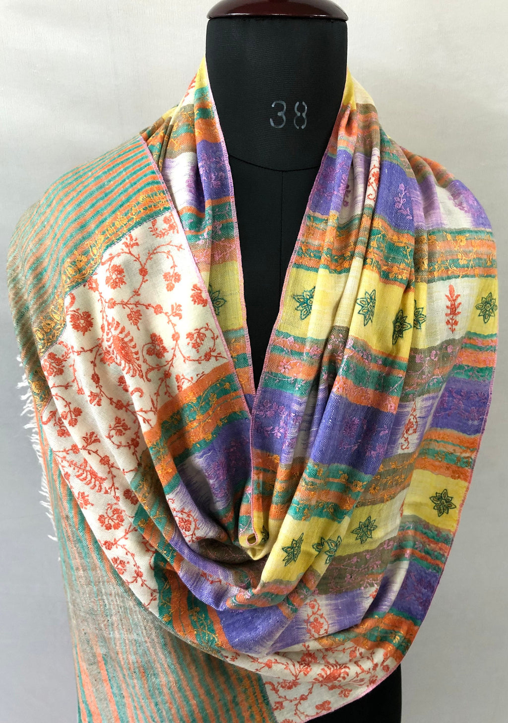 Cashmere Bluebird Ikkat Weave Modern Design Sozni Embroidery Handwoven Real Cashmere Pashmina Stole Scarf Shawl - Mehraj Crafts 