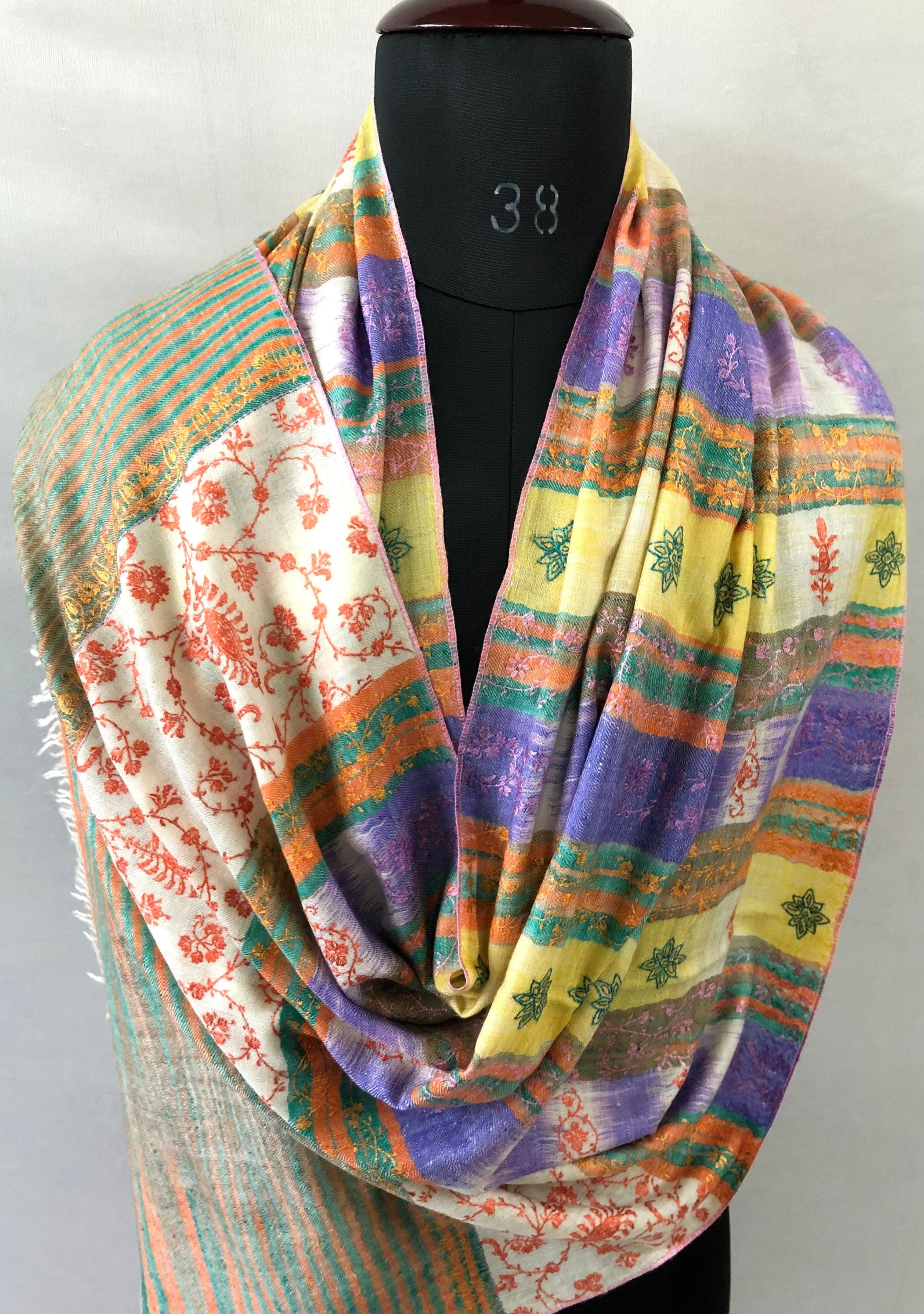 Cashmere Bluebird Ikkat Weave Modern Design Sozni Embroidery Handwoven Real Cashmere Pashmina Stole Scarf Shawl - Mehraj Crafts 