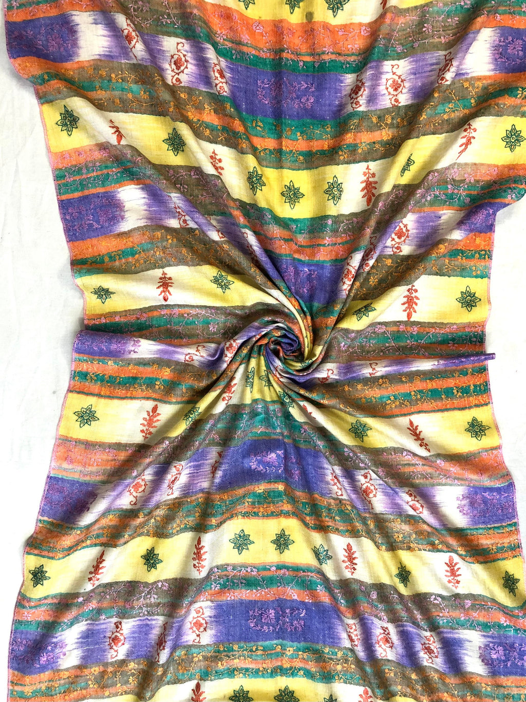 Cashmere Bluebird Ikkat Weave Modern Design Sozni Embroidery Handwoven Real Cashmere Pashmina Stole Scarf Shawl - Mehraj Crafts 