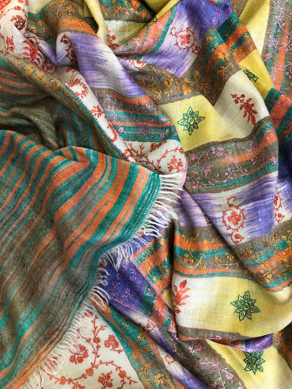 Cashmere Bluebird Ikkat Weave Modern Design Sozni Embroidery Handwoven Real Cashmere Pashmina Stole Scarf Shawl - Mehraj Crafts 