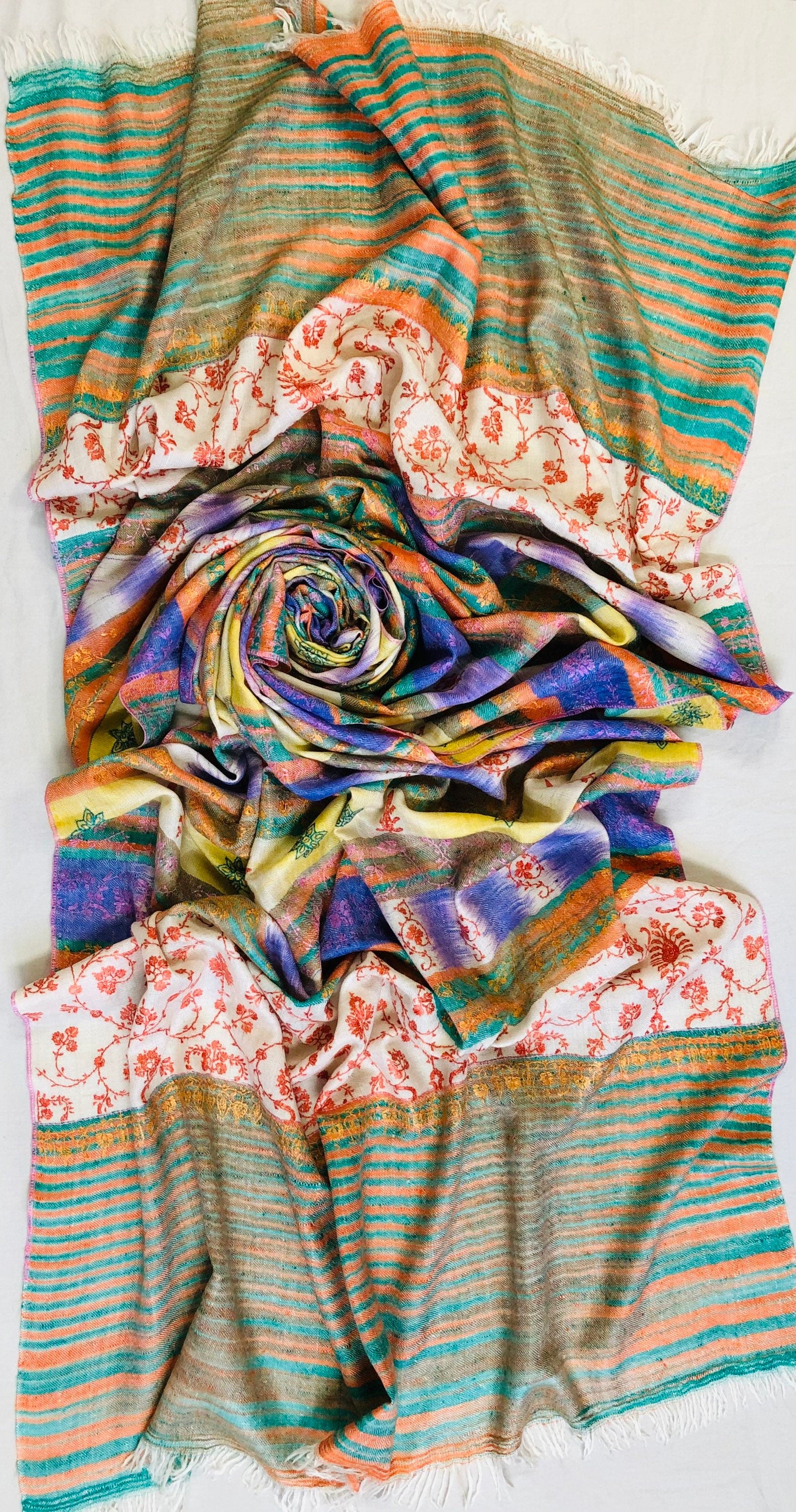 Cashmere Bluebird Ikkat Weave Modern Design Sozni Embroidery Handwoven Real Cashmere Pashmina Stole Scarf Shawl - Mehraj Crafts 