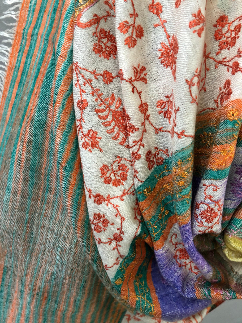 Cashmere Bluebird Ikkat Weave Modern Design Sozni Embroidery Handwoven Real Cashmere Pashmina Stole Scarf Shawl - Mehraj Crafts 