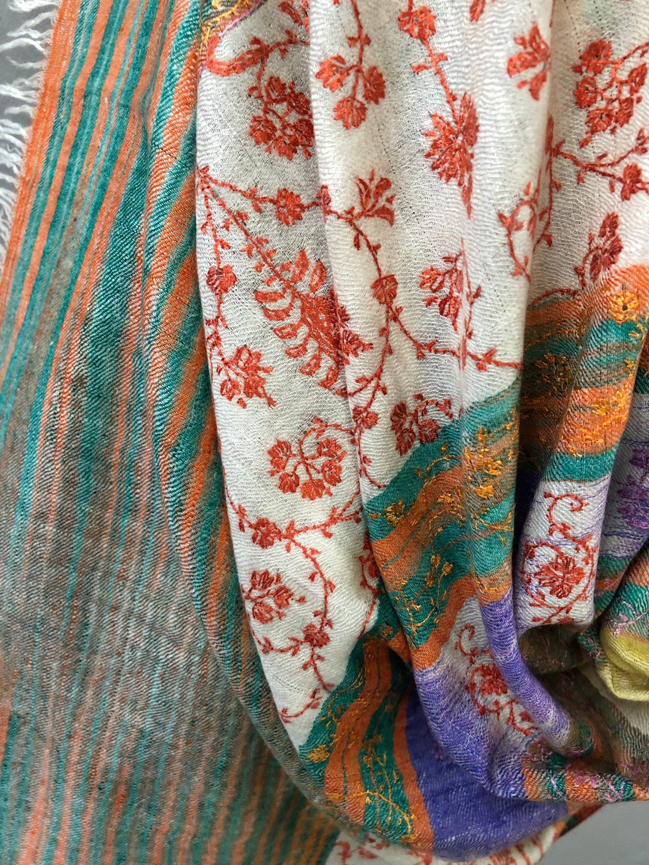 Cashmere Bluebird Ikkat Weave Modern Design Sozni Embroidery Handwoven Real Cashmere Pashmina Stole Scarf Shawl - Mehraj Crafts 