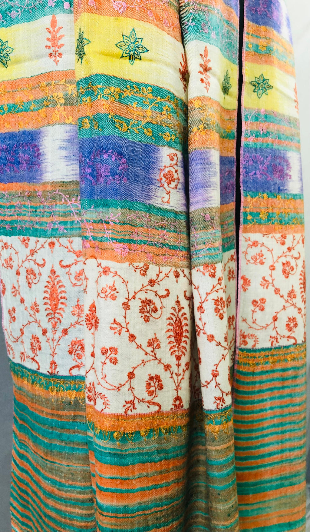 Cashmere Bluebird Ikkat Weave Modern Design Sozni Embroidery Handwoven Real Cashmere Pashmina Stole Scarf Shawl - Mehraj Crafts 