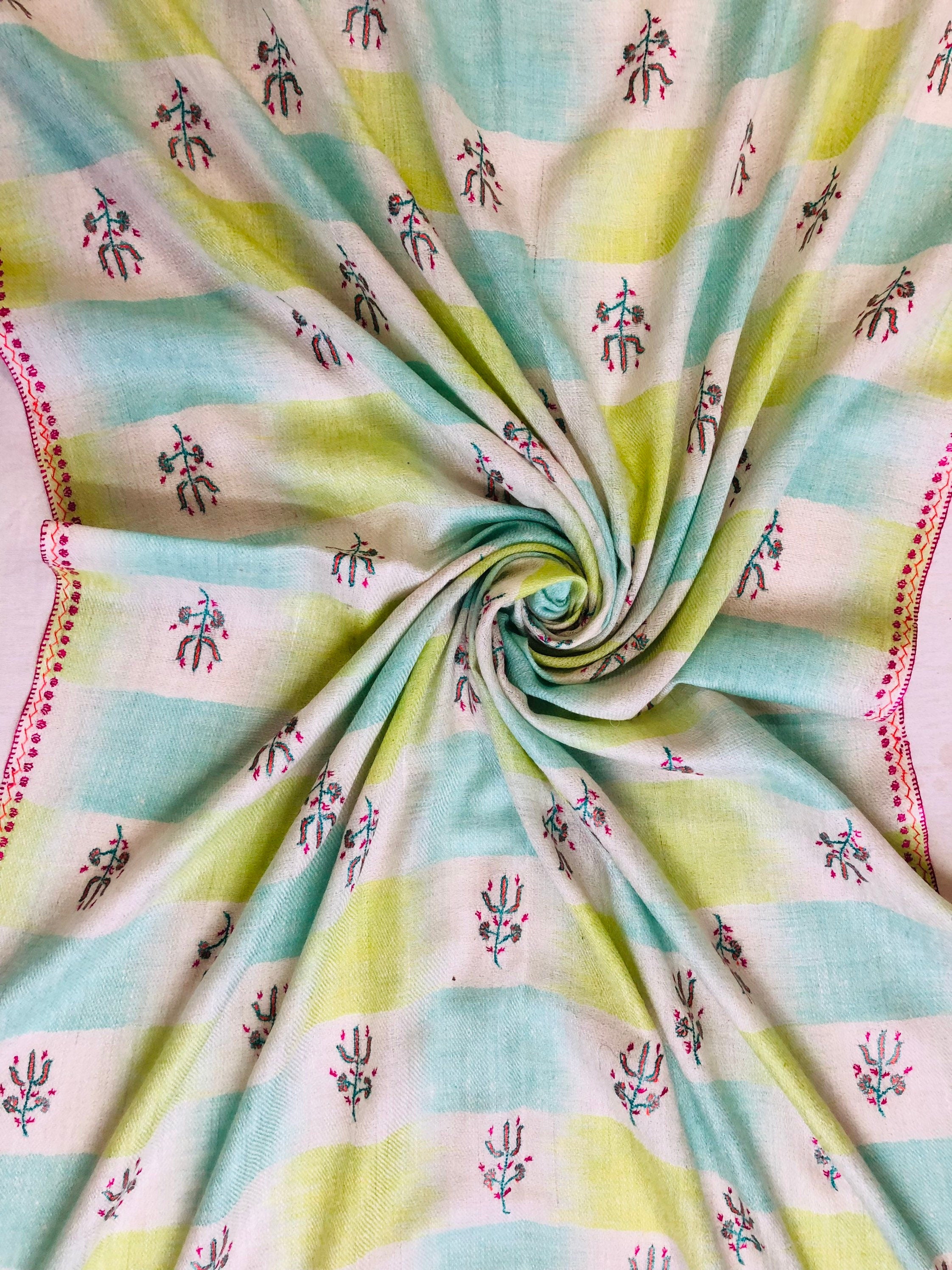 Tender Shoots Ikkat Weave Modern Design Fine Sozni Hand  Embroidery Booties Handwoven Real Cashmere Pashmina Stole Scarf Shawl