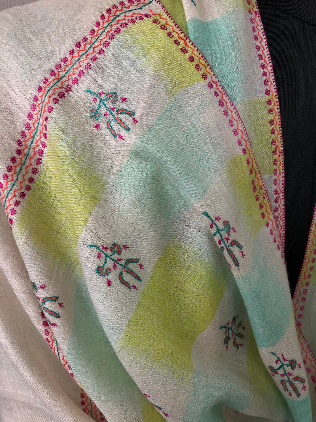 Tender Shoots Ikkat Weave Modern Design Fine Sozni Hand  Embroidery Booties Handwoven Real Cashmere Pashmina Stole Scarf Shawl