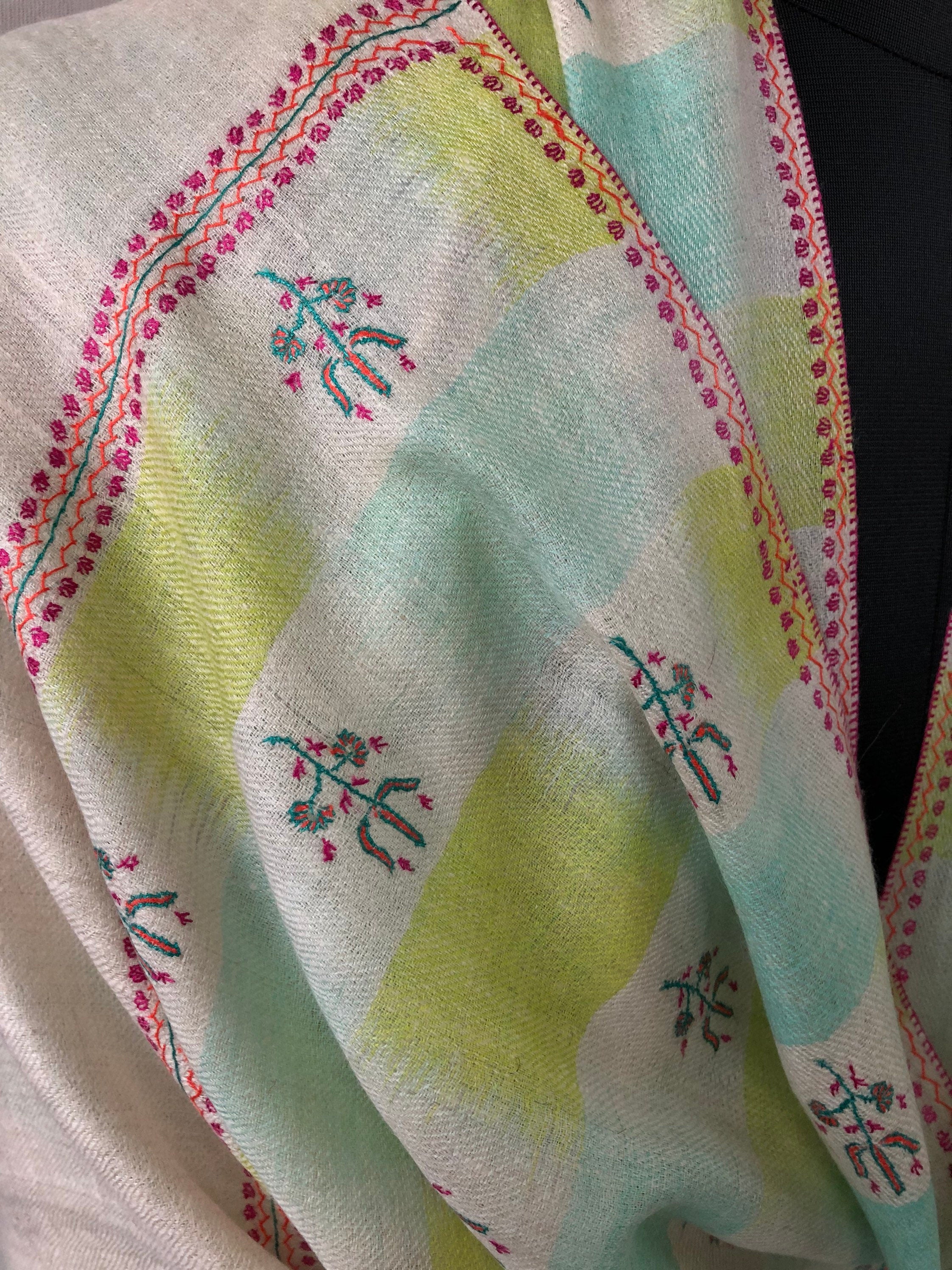 Tender Shoots Ikkat Weave Modern Design Fine Sozni Hand  Embroidery Booties Handwoven Real Cashmere Pashmina Stole Scarf Shawl