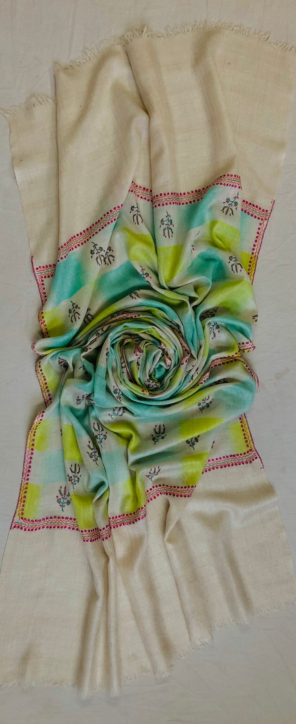 Tender Shoots Ikkat Weave Modern Design Fine Sozni Hand  Embroidery Booties Handwoven Real Cashmere Pashmina Stole Scarf Shawl