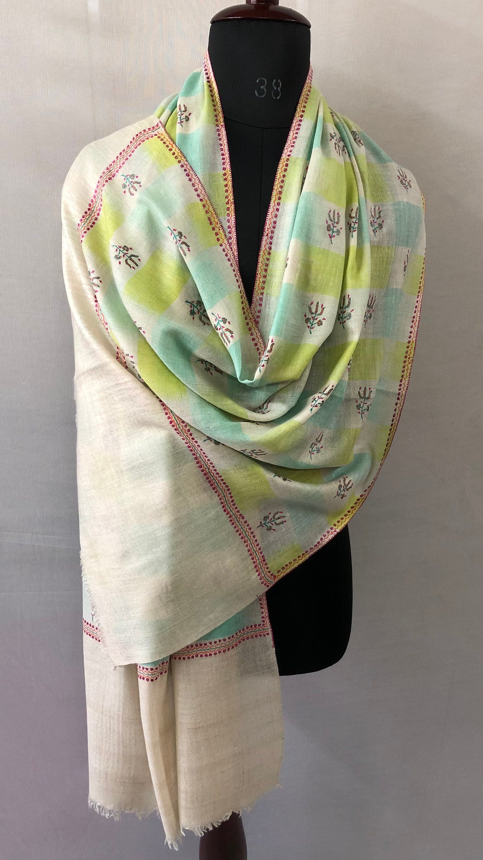 Tender Shoots Ikkat Weave Modern Design Fine Sozni Hand  Embroidery Booties Handwoven Real Cashmere Pashmina Stole Scarf Shawl