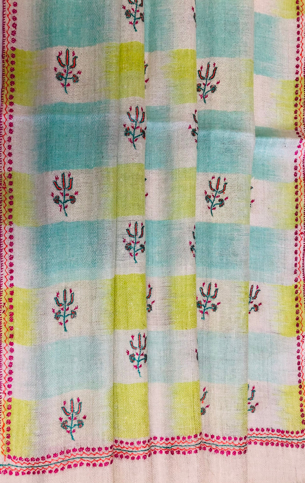 Tender Shoots Ikkat Weave Modern Design Fine Sozni Hand  Embroidery Booties Handwoven Real Cashmere Pashmina Stole Scarf Shawl