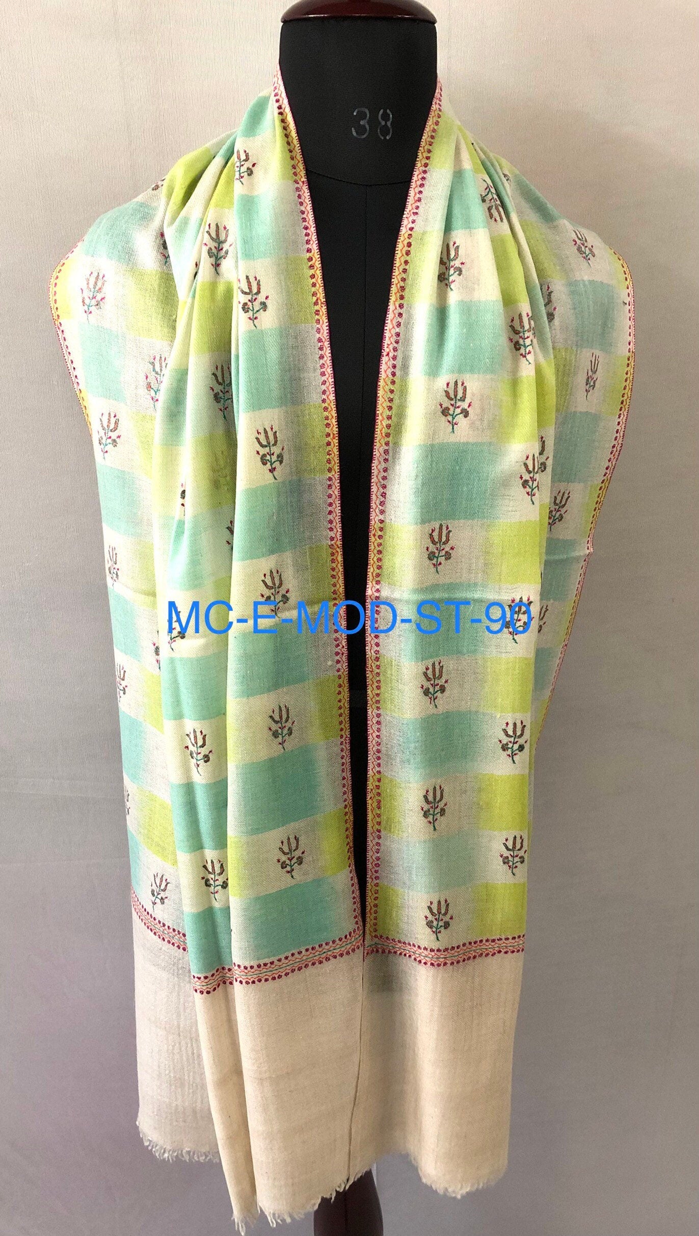 Tender Shoots Ikkat Weave Modern Design Fine Sozni Hand  Embroidery Booties Handwoven Real Cashmere Pashmina Stole Scarf Shawl