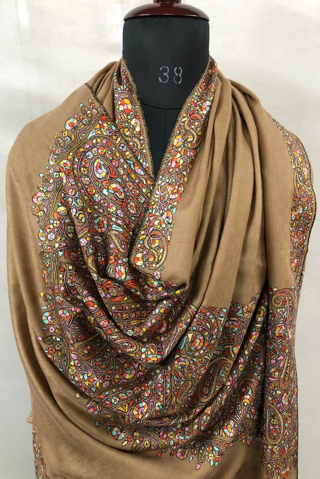 Exclusive Luxury Paisley Kani Kar Hand Embroidery Palla Tobacco Brown Handwoven Real Cashmere Pashmina Shawl - Mehraj Crafts 
